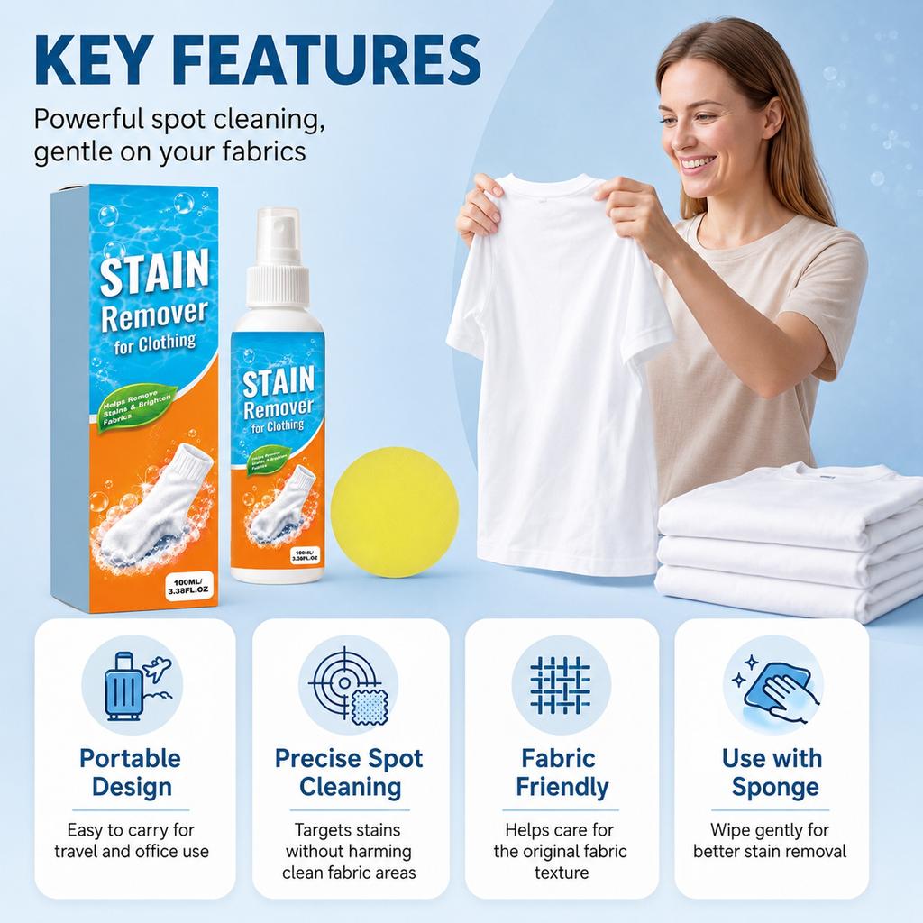Stain Remover for Clothing Spray 100ml Effective On Oil Stains Coffee Stains Food Stains Fabric Cleaner Spray with Sponge Applicator