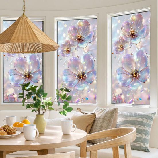 Flowers Window Privacy Film Stained Glass Tulip Butterfly Window Cling Static Glass Sticker for Home Kitchen Office Bathroom
