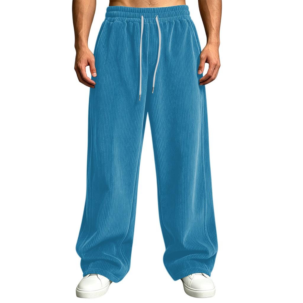 Pantalones de pana para hombre de cintura alta con bolsillos de corte holgado pierna recta ancha color casual