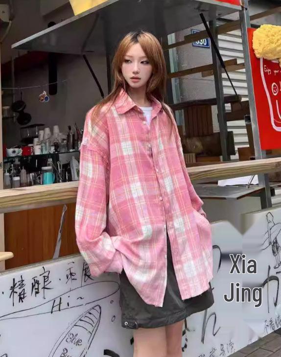 

Мужская синяя клетчатая рубашка свободного кроя с длинным рукавом - Модная уличная мода XL розовый