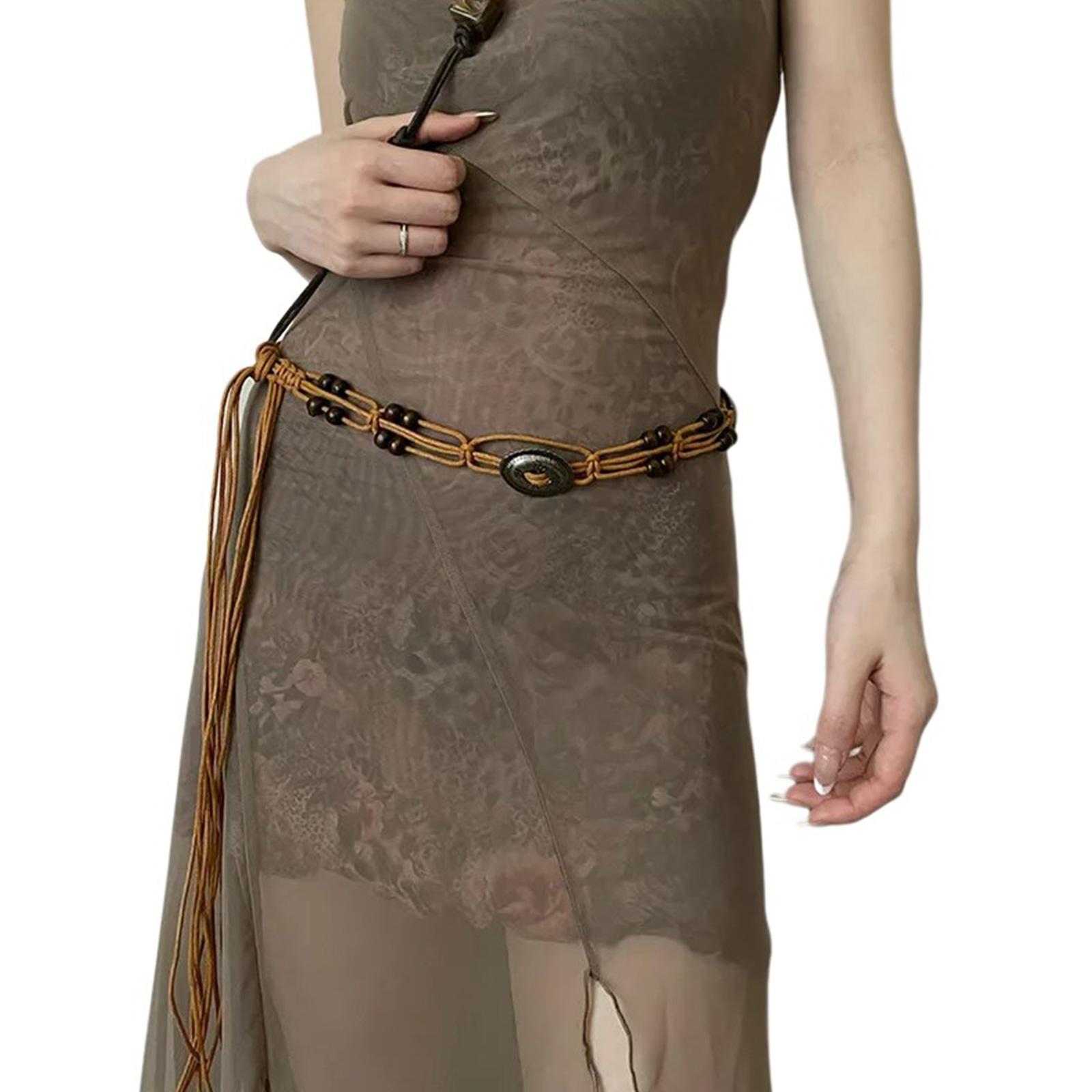 

Женский пояс в стиле бохо с нежными бусинами, декором из плетеной цепочкой на талию для банкетов, платьев, для женщин, для пляжного отдыха, веревка на талию коричневый
