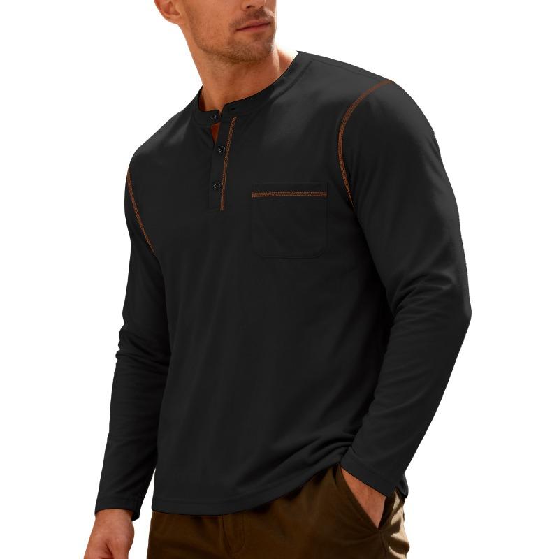 Men's Solid Color Stand Collar Henley Shirt, Long Sleeve Business Casual Sports Top, Spring Summer Daily Versatile Pullover T-Shirt