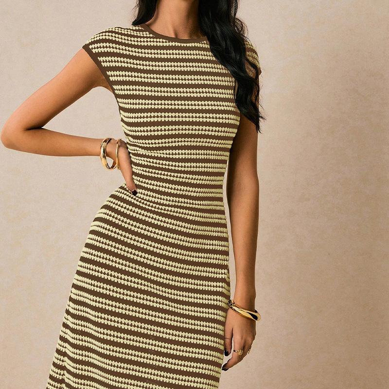 Women's Crew Neck Cap Sleeve Midi Dress Slim Fit High Waist Striped Knit Pencil Dress