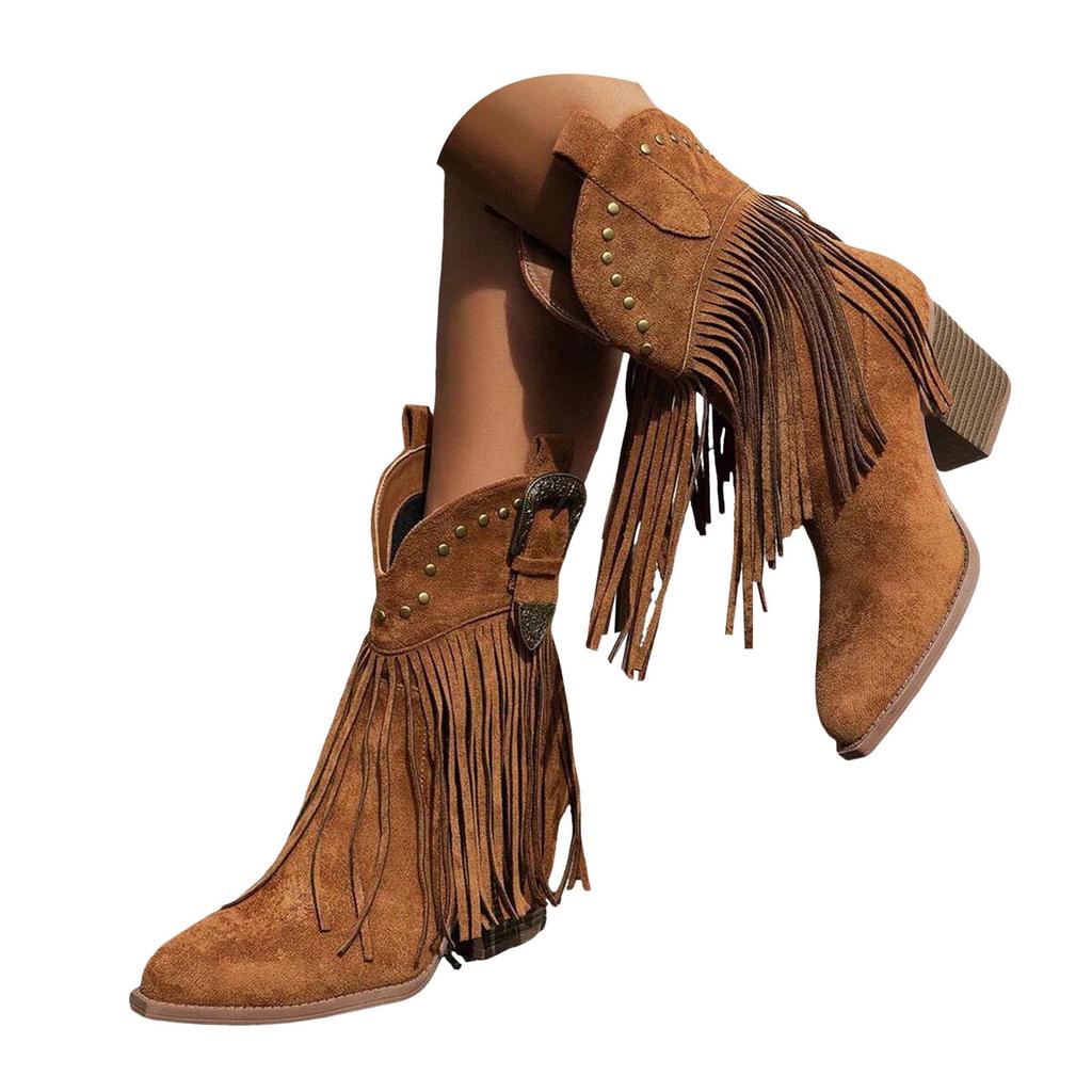 Womens Mid Calf Boots Flat Heel Womens Boots Comfortable Pull On Chunky Heel Pointed Toe Fringed Boots Botas Invierno Mujer