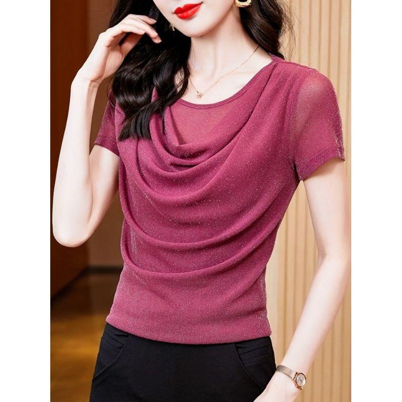 Size Women's Clothing Chubby Girl Summer New Arrival Pure Color Silm Swing Collar Mesh Slimming Short Sleeve T-shirt Easiest for Match 8 Color Women