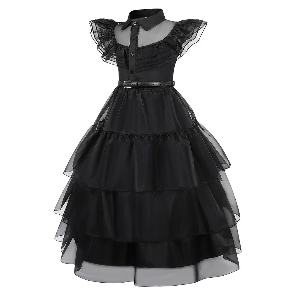 Girls Wednesday Addams Costume Dress, Gothic Party Cosplay, Halloween Role Play, Black Polyester Dress, 140cm