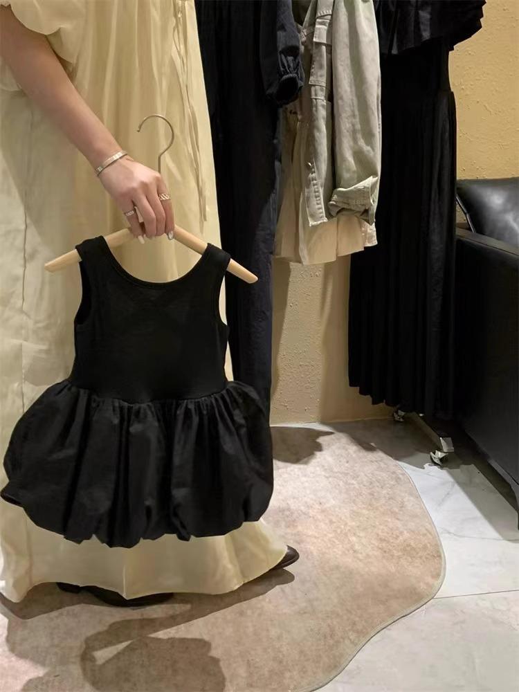Korean Girls Sleeveless Backless Black Dress - Flower Bud Style Puffy Dress for Children
