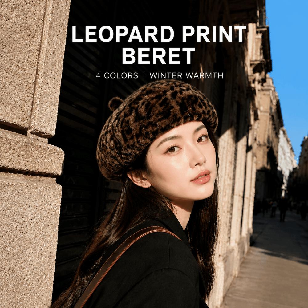 Leopard Print Faux Rabbit Fur Beret Flush Furry Fluffy Plush Beret Octagonal Beanie Cap  Women Girl