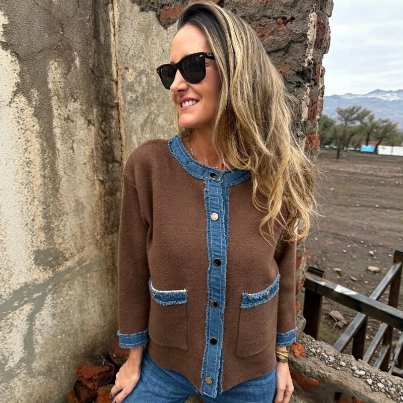2026 Russian Fall Winter Womens Vintage Denim Knit Zip Cardigan Coat