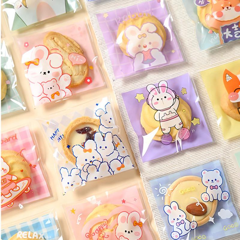 100Pcs 7x7cm Small Plastic Cartoon Animal Printed Self-Adhesive Packaging Cookie Candy Bags Child Birthday Party Favors