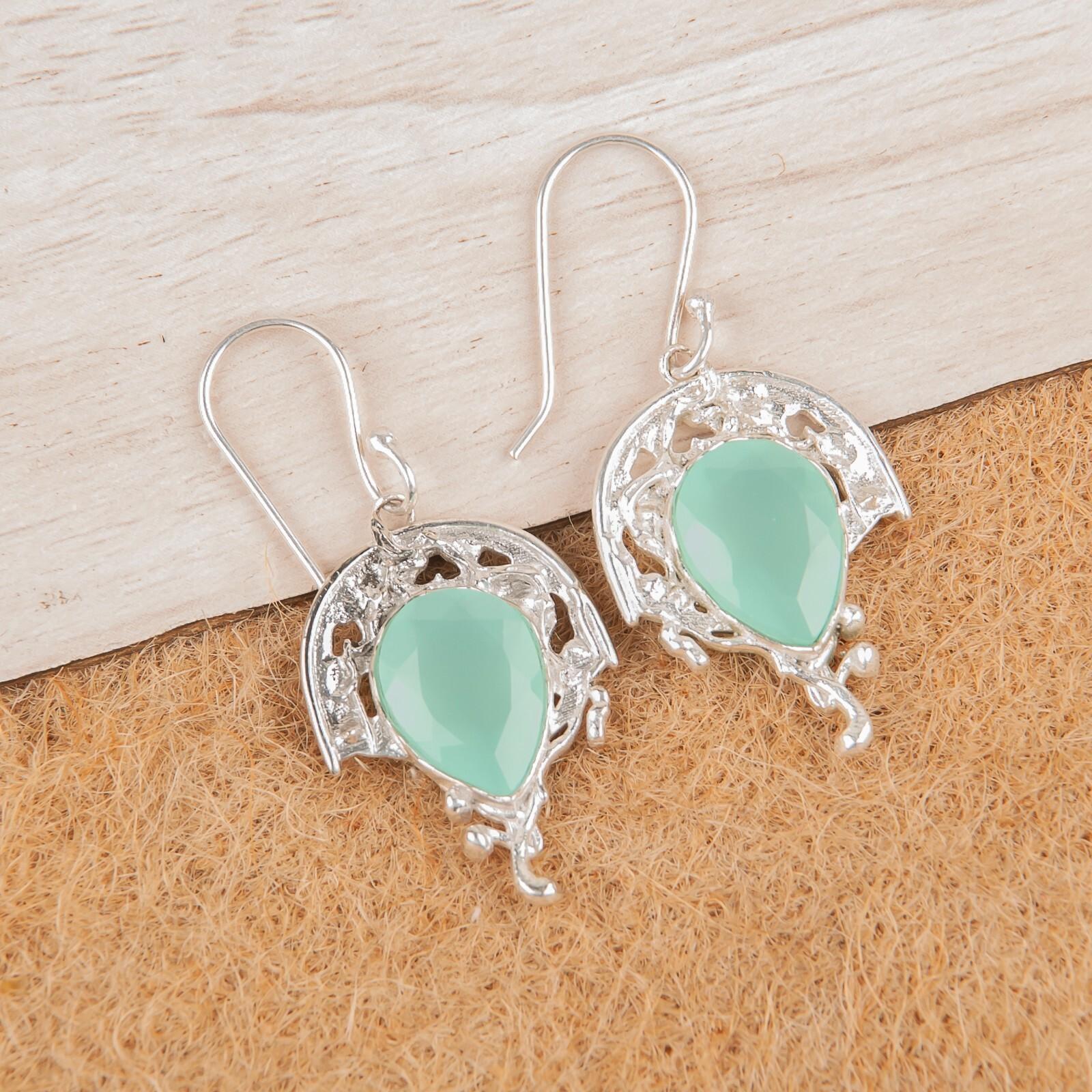 

Аква Халцедон Драгоценный камень 925 Стерлинговое серебро Ювелирные изделия Ручной работы Серьги для подарка CE-5-17