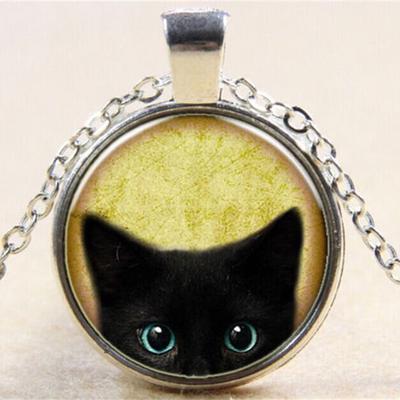 Vintage Cute Cat Cabochon Glass Pendant Charm Chain Necklace Jewelry