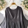 Vestido Feminino Longo de Cetim com Estampa Étnica Retrô, Decote V, Manga Sino, Corte Solto que Disfarça a Barriga, Emagrecimento, Temporada de Outono
