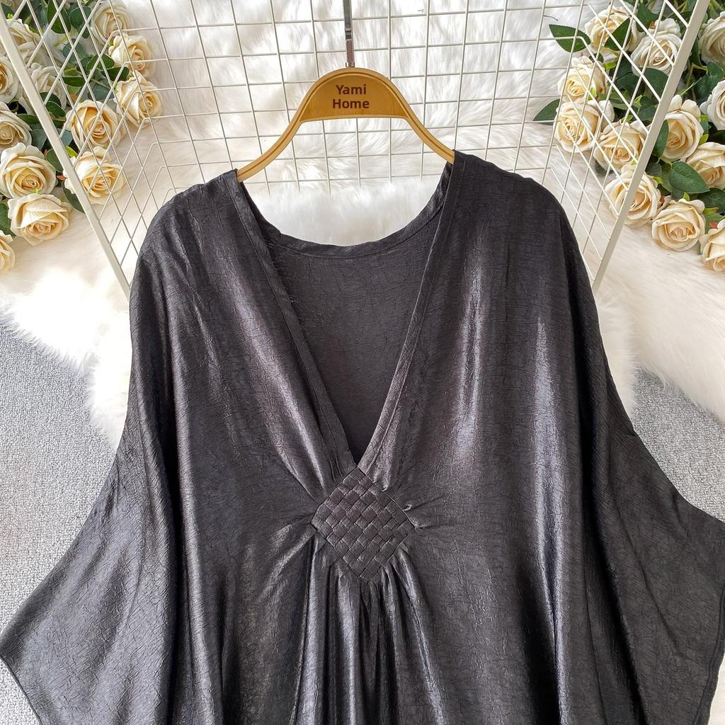 Vestido Feminino Longo de Cetim com Estampa Étnica Retrô, Decote V, Manga Sino, Corte Solto que Disfarça a Barriga, Emagrecimento, Temporada de Outono