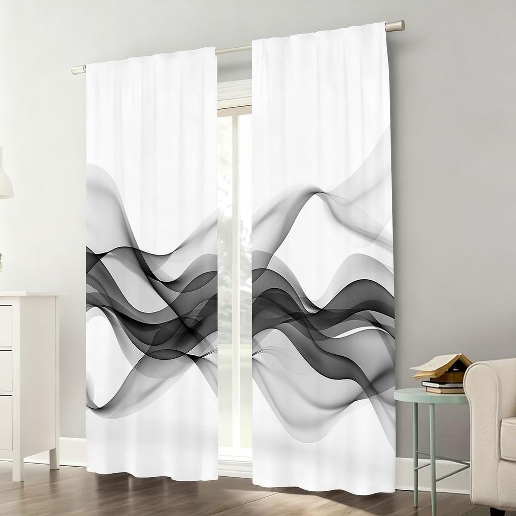 Black White Gradient Wavy Curtain Minimalist Style Living Room Bedroom Pull Window Decoration Set Of 2 Modern Made Polyester With Rod Pocket Washable