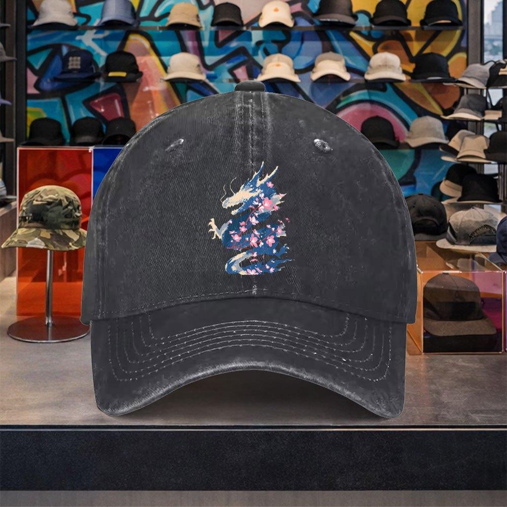 Dragon Cherry Blossom Washed Baseball Cap Unisex Adjustable Cotton Outdoor Casual Hat