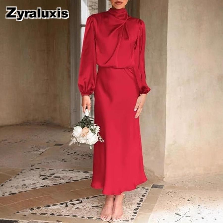 Luksusowa Satynowa Sukienka z Długim Rękawem Luźna Elegancka Suknia Wieczorowa Formalny Płaszcz