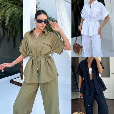 2-teiliges Set mit elastischer Taille und Hosen für Damen, modisch, elegant, für den Urlaub, Street-Chic-Anzüge für Jugendliche