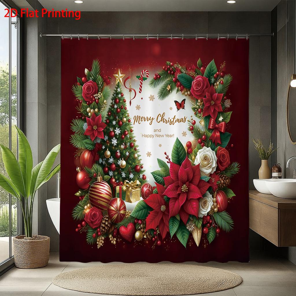 1pc Christmas red floral print waterproof shower hanging curtain with 12 hooks, multi size holiday decoration, machine washabl