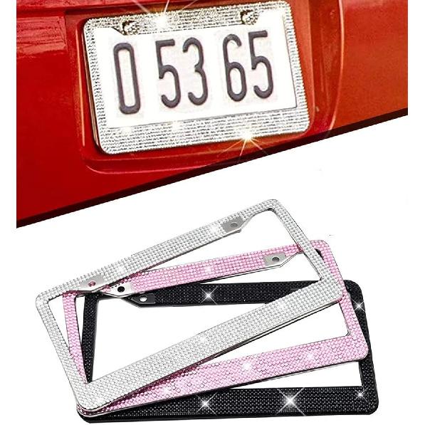Car License Plate Frame for Women Men 2 Pcs Bling Rhinestone Licence Plate Holder Stainless Steel Covers with Screw Caps Crystal Glitter Tag