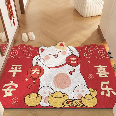 Tapete de Entrada Desenho Gato da Sorte, Tapete de Chão Resistente à Sujeira e ao Desgaste com Fio de Seda para Varanda, Tapete de Pé Antiderrapante para Remoção de Poeira Doméstica