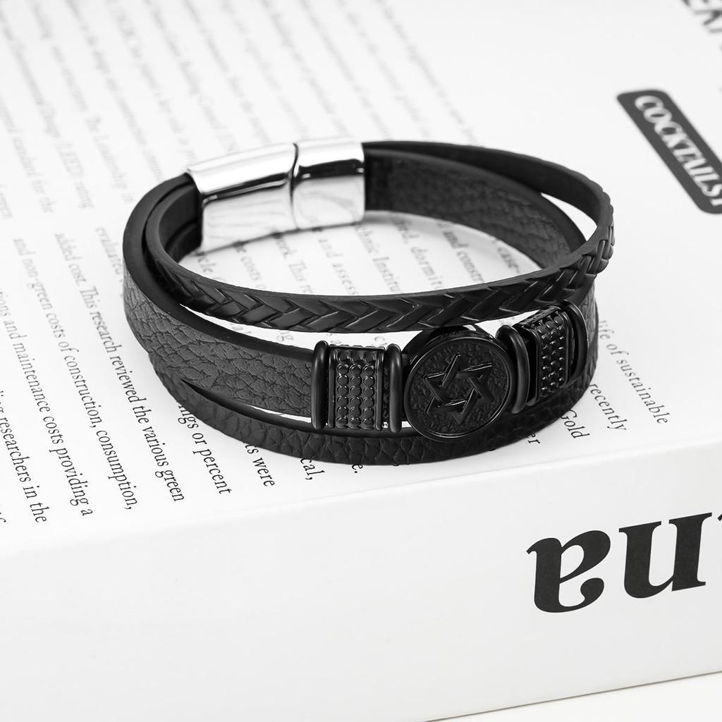 Men's Stylish Cross Hexagram Multi-layer Leather Bracelet
