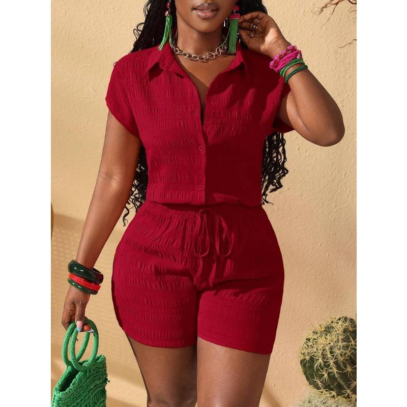 IHUASU Women's Fashion Casual Short Sleeve POLO Neck Pants Suits