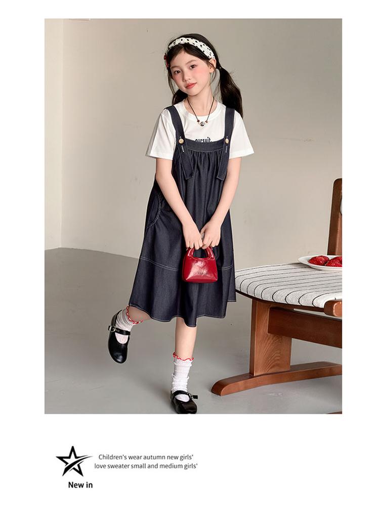 Girls' Summer Dress 2026 New Style Children's Stylish Medium and Large Girls' Summer Dress Cowboy Strap Skirt Two Piece Set