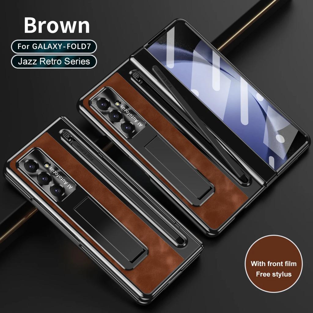Fold 7 Luxury Dark Retro PU Leather Phone Case for Samsung Galaxy Z Fold 7 6 5 4 3 with Pen Slot Hinge Protection Kickstand