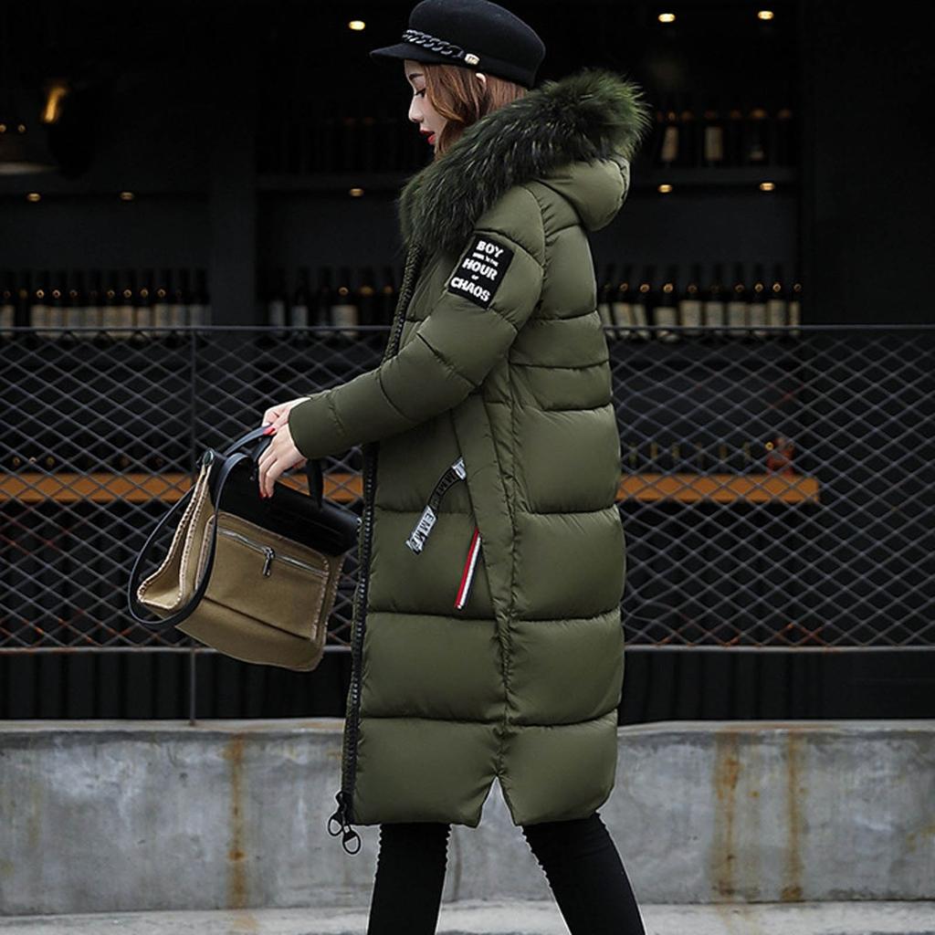 Women's Fashion Big Hair Collar Slim Waist Long Down Cotton Jacket Cotton Coat