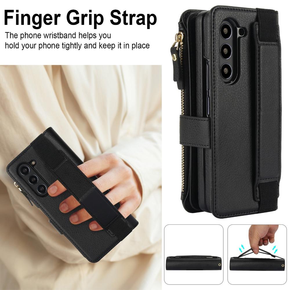 Crossbody Lanyard Leather Phone Case for Samsung Galaxy Z Fold 3 4 5 6 7 with Wristband Wallet Card Holder Protective Cover