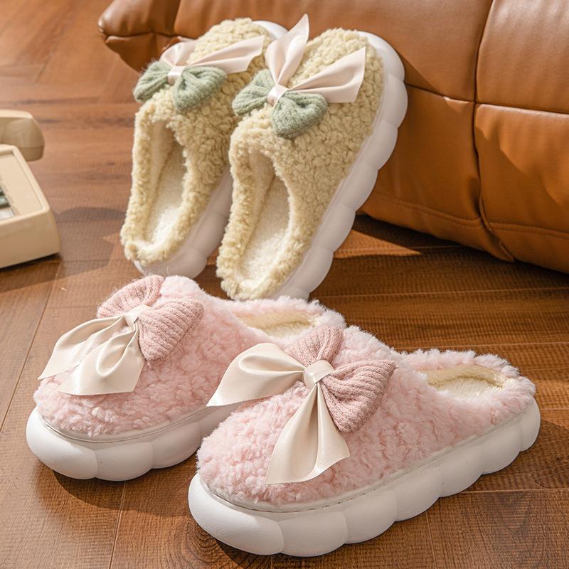 Bow cotton slippers women's autumn and winter thick-soled indoor comfortable and lightweight plush warm confinement shoes