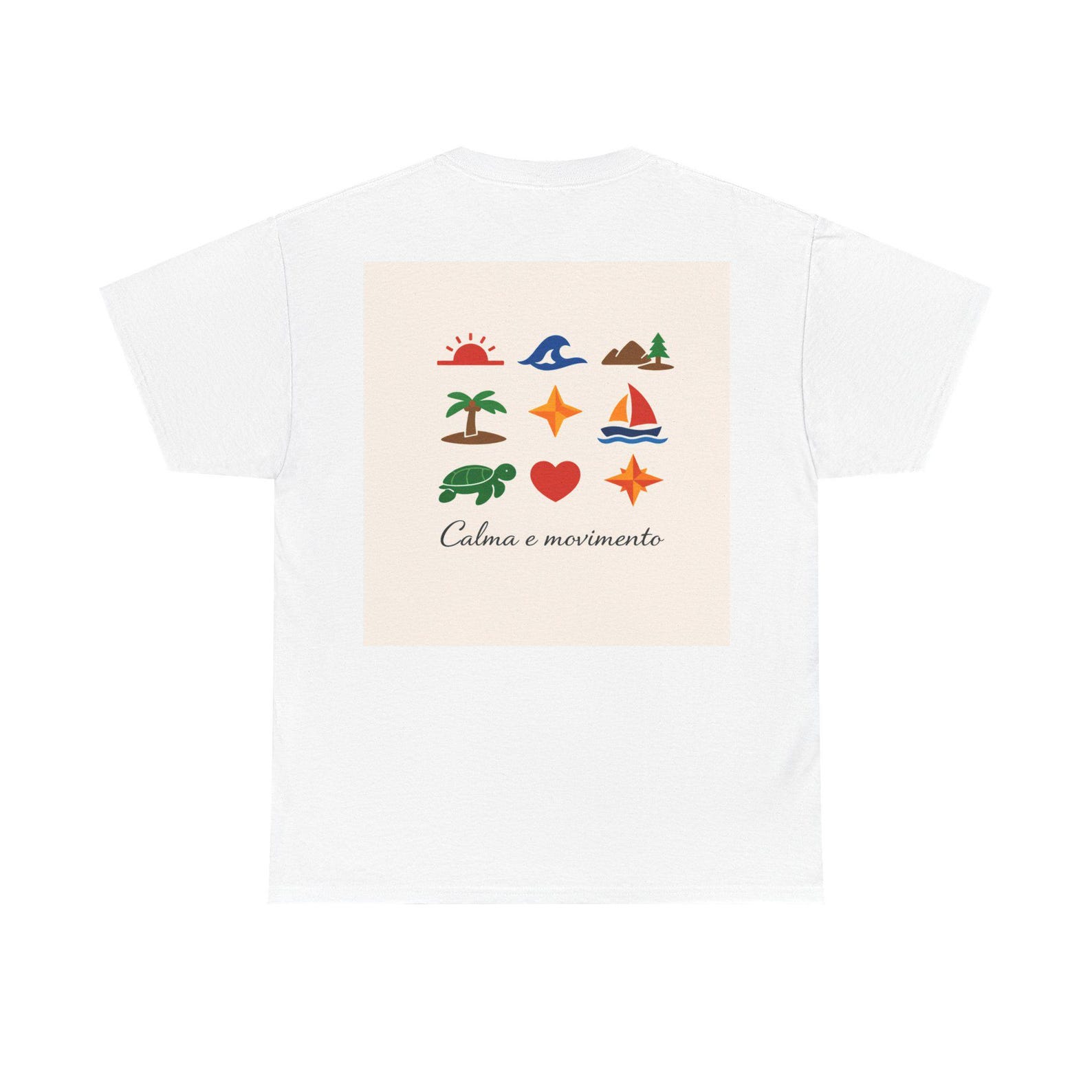 Calm and Movement tee | Beach icons turtle sailboat palm sunset L
