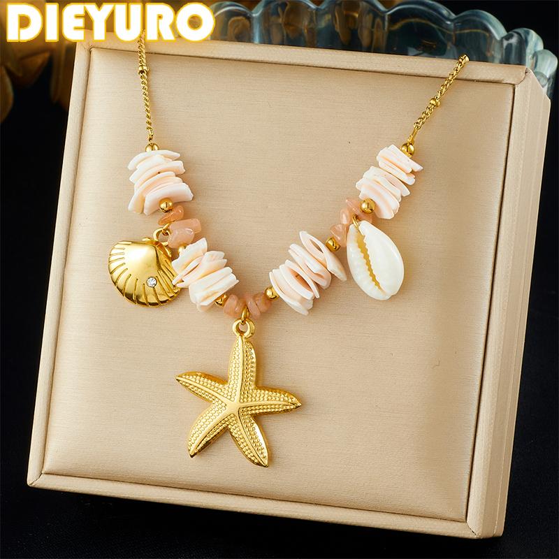 DIEYURO 316L Stainless Steel Irregular Shell Golden Scallop Pendant Necklace Women New Trend Waterproof Neck Chain Jewelry Gift