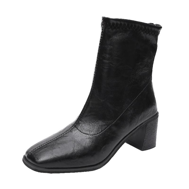 Korean Minimalist Thick Heel Thin Boots 2025 Autumn and Winter New Square Head Rear Zipper High Heel Short Boots Women's Soft Leather Single Boots