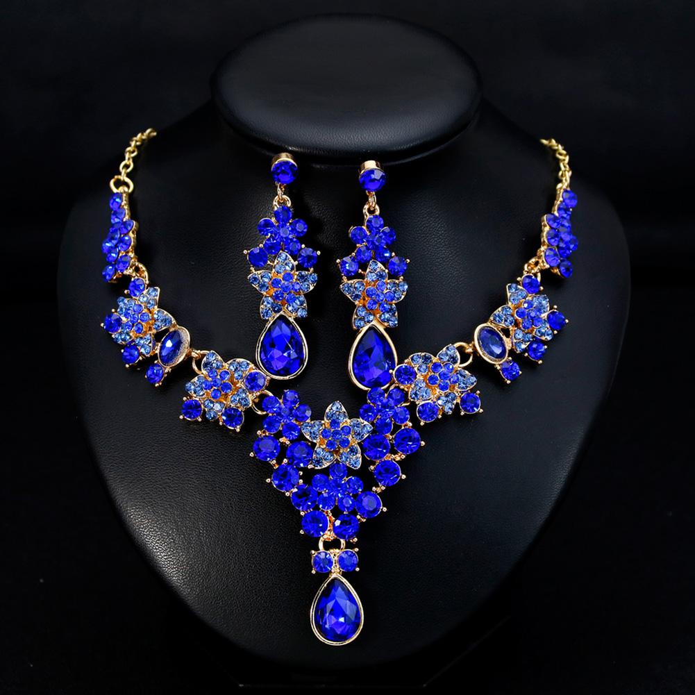 Women Bridal Multi-color Jewelry Set Elegant Fashionable Diamond Alloy Necklace + Earring Set