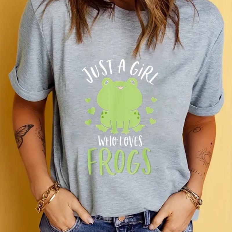 

New Summer Fashion Just A Girl Who Loves Frog Shirt Cute Frog Shirt Fun Frog Lover Gift Women s Round Neck T-shirt 4XL сірий