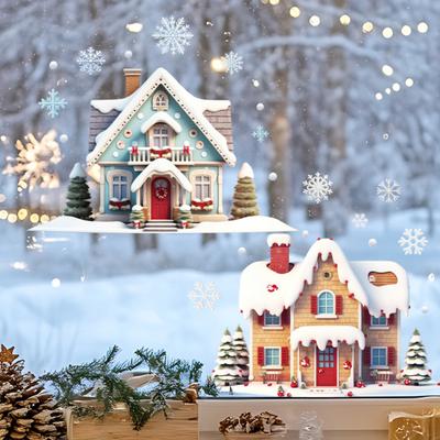 Christmas Double House Window Cling Removable Waterproof PVC Merry Christmas Winter Cabin Static Glass Sticker Holiday Party Decoration Decal