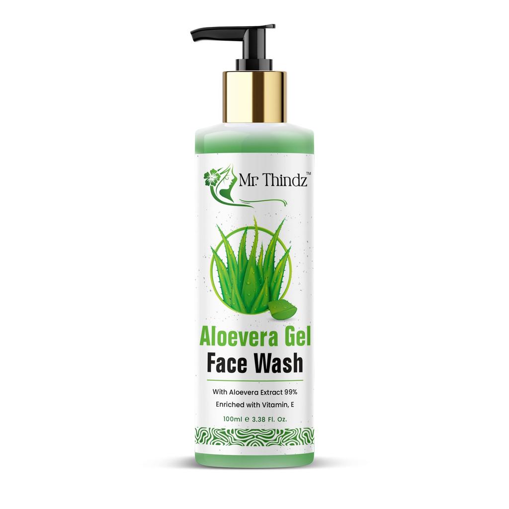 Mr.Thindz Aloe Vera Gel Face Wash 100ml, Natural Aloe Vera Face Cleanser for Glowing Skin, Hydrating Soothing Anti-Acne Gel Face Wash for Men & Wom