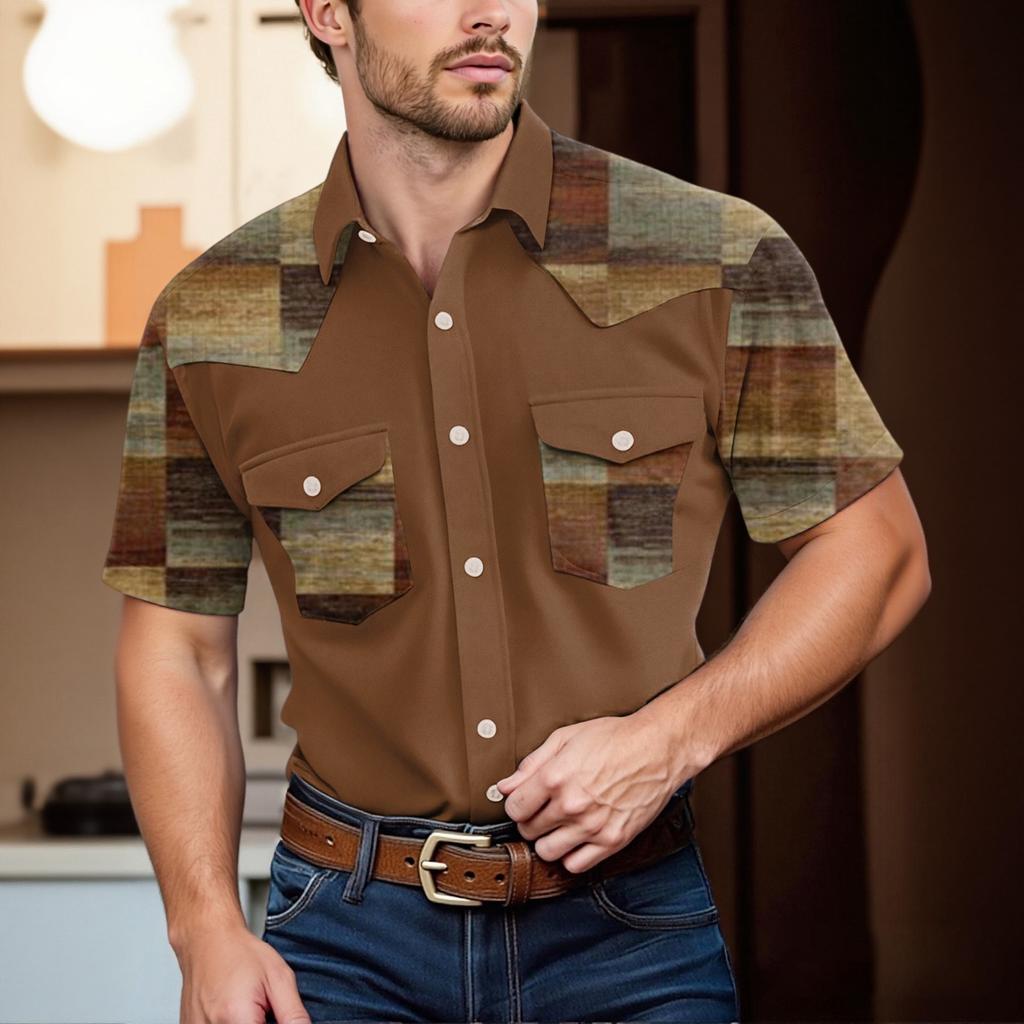 Pánské módní s klopou a krátkým rukávem ležérní top délky po ramena