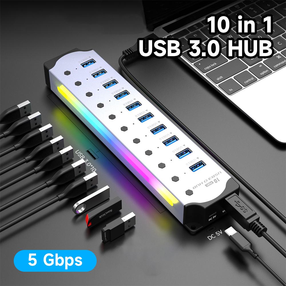 10 In 1 Powered USB HUB USB 3.0 Interface Individual Switch RGB E-Marker Heat Dissipation Design DC 5V Power Supply Adapter