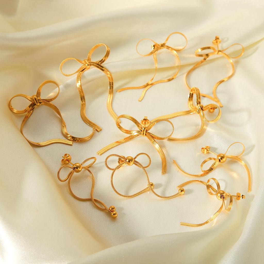 Golden Snake Bone Chain Bow Earrings For Women Fashion Versatile Dainty Ear Jewelry