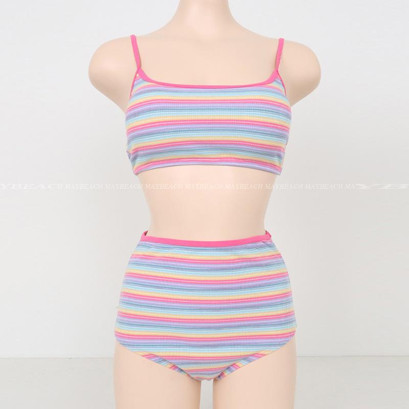 Source Ladies Fashion Split Bikini Striped Print Fresh Student Beach Hot Spring Swimsuit BI