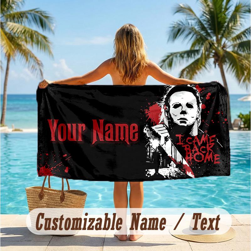 Custom Text Beach Towel, Soft Absorbent Swimming Multi-use TowelHalloween Michael Myers