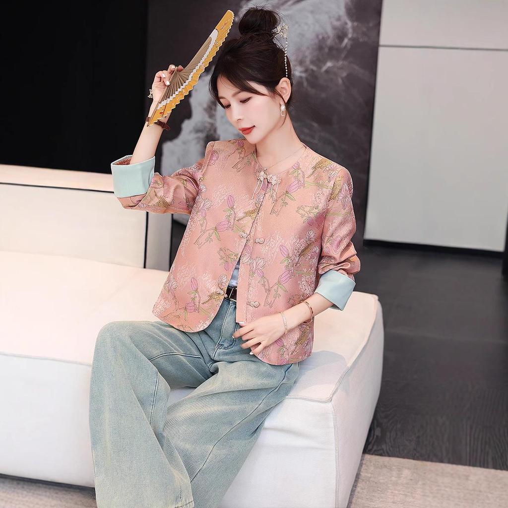 2024 Spring Women's Pink Jacquard Frog Button Fashion Coat - Chinese National Style (Model ME6031)