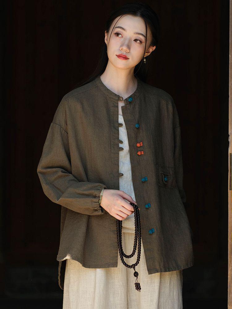 Women's Retro Cotton Linen Color Block Frog Button Cardigan Shirt