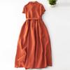 Spring Summer Women's  Cotton and Linen Short Sleeve Solid Color Dresses Women Literary Retro Row Buckle Temperament Long Dresses