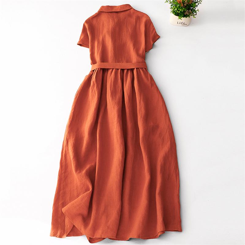 Spring Summer Women's  Cotton and Linen Short Sleeve Solid Color Dresses Women Literary Retro Row Buckle Temperament Long Dresses