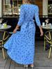 Spring-Summer V-Neck Floral Blue Dress for Women - Long Sleeve, Belted, Slim Fit