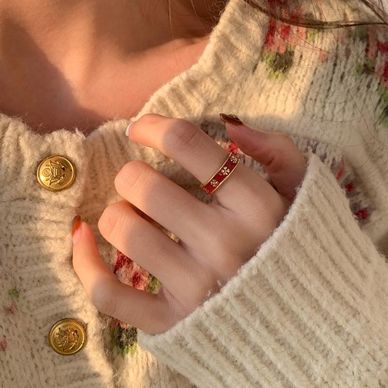 Elegant Floral Copper Ring For Women With Adjustable Open Design In Red Color For 2023 Trendy Style